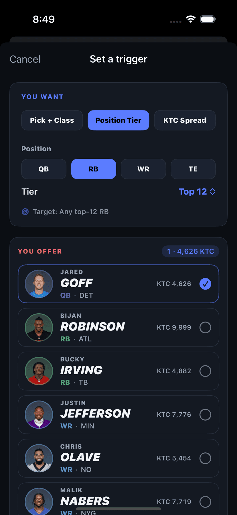 DEGEN Set a Trigger sheet: position tier target and offered assets