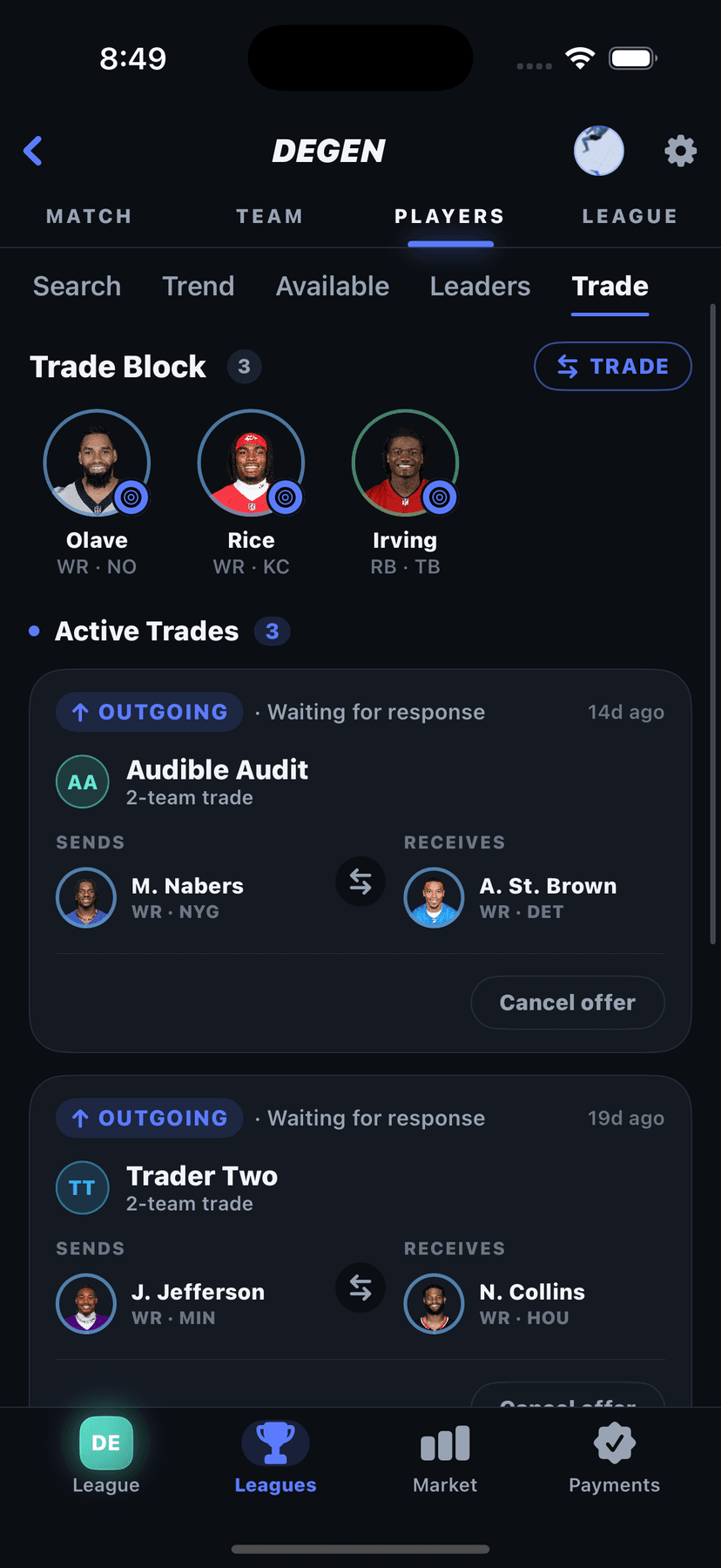 DEGEN trade block and active trade offers between real managers